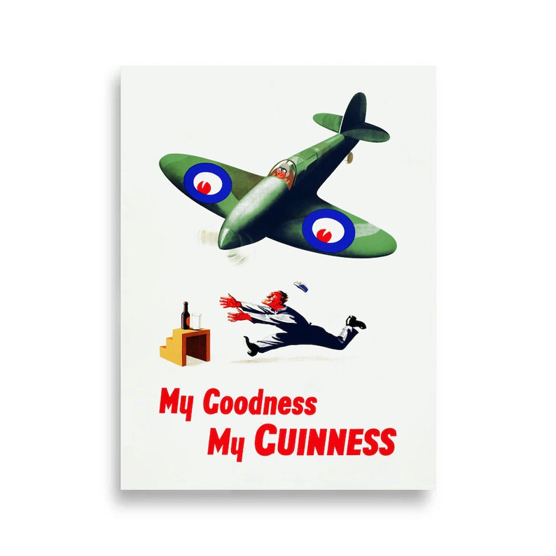 K&ouml;nnte beinhalten: Ein Vintage-Poster f&uuml;r Guinness-Bier. Ein gr&uuml;nes und wei&szlig;es Flugzeug mit roten und blauen Rundeln fliegt &uuml;ber einen Mann, der von einem Tisch mit einer Flasche und einem Glas wegrennt. Der Text lautet "My Goodness My GUINNESS".