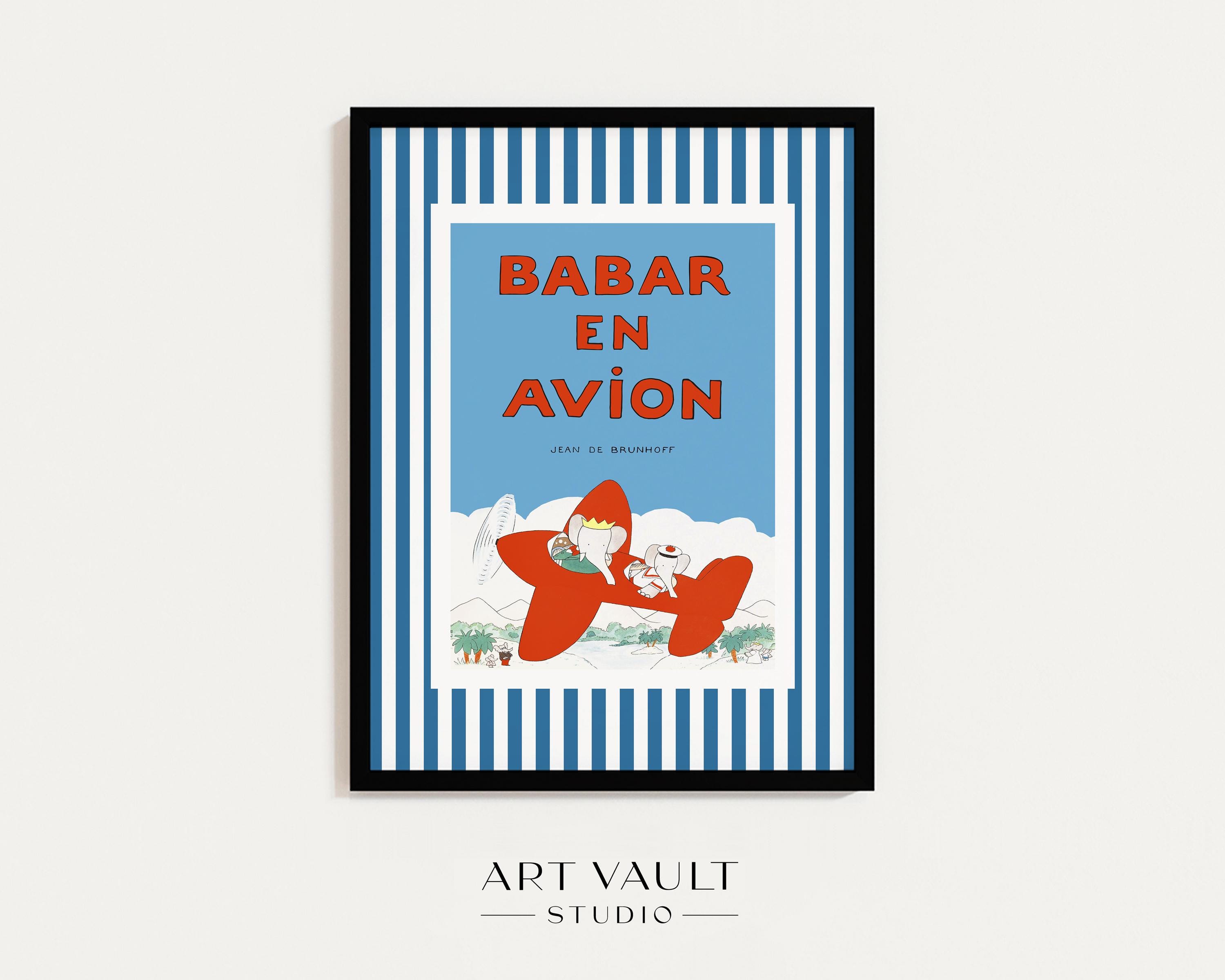 Babar Blue Stripes Poster Babar Aeroplane Babar the Elephant Print