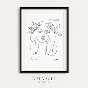 Pablo Picasso Portrait of Francoise Gilot 1946 Picasso Poster Face Flower Crown Face Line Art Minimal Line Drawing Wall Art Print Room Art