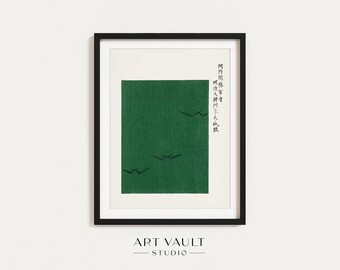 Dark Green Japan Poster Minimalist Japandi Wall Decor Taguchi Tomoki Green Seagulls 1860 Japanese Woodblock Print Green Birds Japanese Decor
