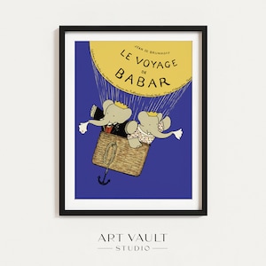 Babar Illustration Babar Print Baby Shower Gift Babar Hot Air Balloon Blue Babar Kid's Art Babar the Elephant Babar Le Voyage de Babar