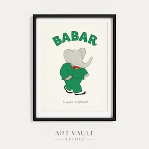 Babar in Green Suit Babar Elephant Illustration Babar Print Baby Shower Gift Babar Affiche Kid's Room Art Babar Wall Art Nursery Decor