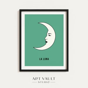 La Luna Poster Green Moon Art Print Luna Moon Green Poster Crescent Moon with Face Illustration La Luna Moon Card Art Moon Phase Wall Decor