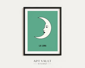 Könnte beinhalten: Ein schwarzer gerahmter Druck mit grünem Hintergrund und einem weißen Halbmond mit einem Gesicht. Der Text "LA LUNA" ist unter dem Mond gedruckt.
