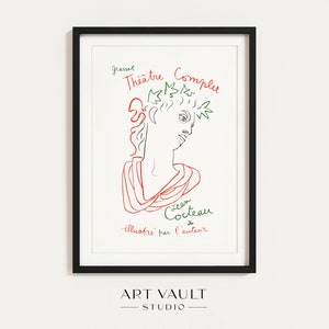 Jean Cocteau Grasset Théâtre Complet 1957 Vintage Poster Wall Art Print Line Art Portrait Face Dark Academia Sculpture Line Drawing Dark