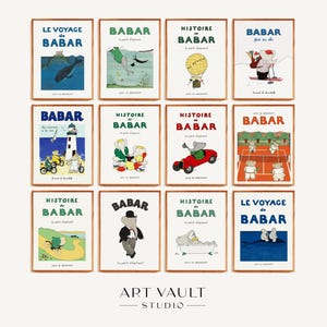 Impresiones de arte de pared imprimibles de Babar el elefante, descarga digital, impresiones de Babar, juego de 12 impresiones de guardería, arte de pared imprimible, impresión de habitación infantil en casa