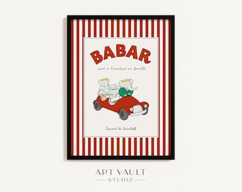 Babar the Elephant Red Stripe Poster Car with Family Babar part a l'aventure en famille Nursery Wall Art Poster