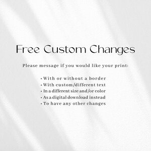 May include: Free custom changes are available for your print. You can choose to have a border or no border, different text, a different size and/or color, a digital download instead, or other changes.