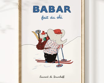 Babar the Elephant Digital Download Nursery Wall Art Download Nursery Poster Nursery Art Download Ski Poster Babar Fait du Ski Print