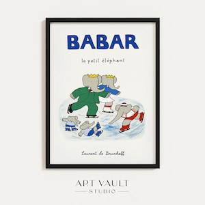Babar Ice Skating Babar Ski Illustration Babar Winter Print Baby Shower Gift Babar Christmas Art Kid's Room Babar Snow Art Nursery Decor