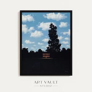 May include: Framed art print depicting a surreal landscape. A house with illuminated windows is set in a dark field, silhouetted against trees. The sky is a bright blue with fluffy white clouds. The print is framed in a black border.