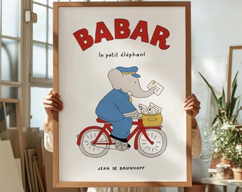 Babar the Elephant Digital Download Nursery Wall Art Decor Kids Room Baby Room Art Bike Bicycle Postman Mailman Poster