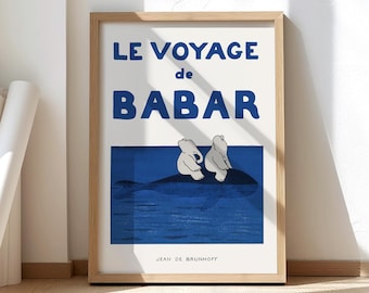 Babar the Elephant Wall Art Nursery Decor Printable Art Digital Download Kids Gift Baby Shower Illustration Blue Le Voyage de Babar Whale