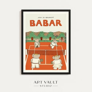 Babar Tennis Wall Art Babar Tennis Court Illustration Babar Elephant Print Baby Shower Gift Kid's Room Babar Wall Art Nursery Art Tennis Art