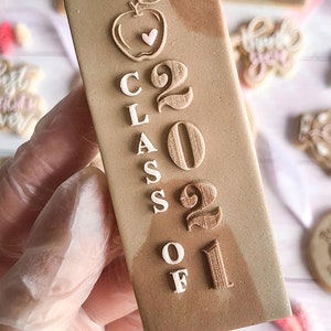 May include: A rectangular biscuit with a light brown base and a darker brown gradient. The biscuit is decorated with an apple and heart design, and the words "CLASS OF 2021" in white and brown lettering. Other biscuits are visible in the background.