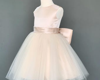 Champagne  dress round neckline sash bow wedding dress tulle dress satin dress flower girl dress No.18