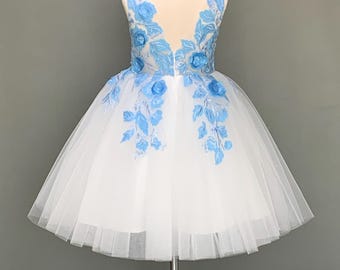 Vestido de novia de encaje azul claro con flores color marfil, vestido de tul con espalda en V, vestido de niña de las flores n.° 19