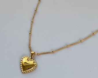 ■VINTAGE HOLLYWOOD■ Petit Heart Ball Chain Necklace VH2313 Chunky Heart Choker, Gold Heart Necklace, Puffy Heart