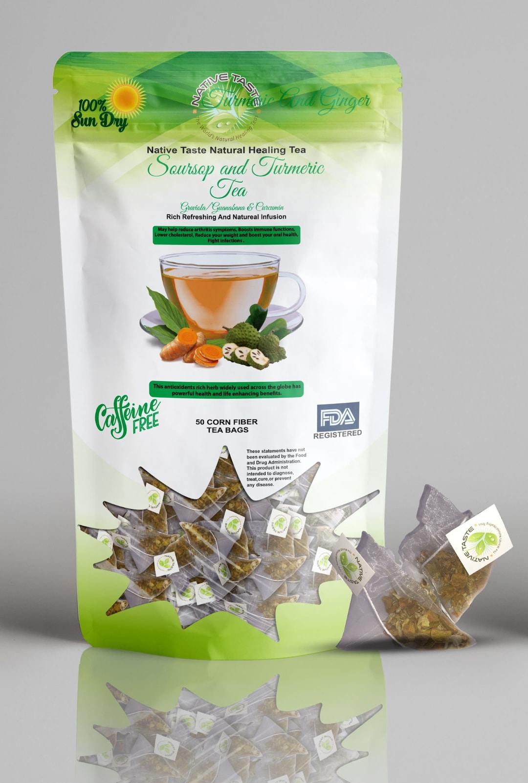 Soursop and Turmeric Tea 50 Pyramid Corn Fiber Teabags 100 Sun Dry Cut