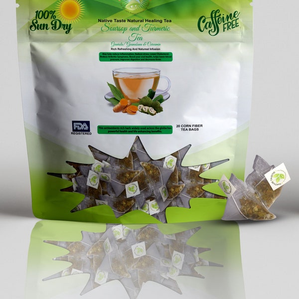 Soursop and Turmeric Tea 20 Pyramid Corn Fiber Teabags 100% Sun Dry Cut and Sift Tea Leaves in Pyramid Teabags 100 percent Natural Taste!