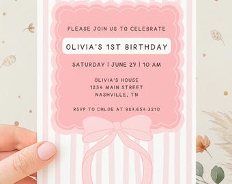 Pink Coquette Birthday Party Invitations | Girly Striped Bow Editable Canva Template