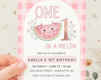 One in a Melon 1st Birthday Party Invitations | Coquette Pink Editable Canva Template