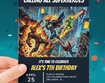 Superhero Birthday Party Invitations | Comic Book Party Ideas | Editable Canva Template