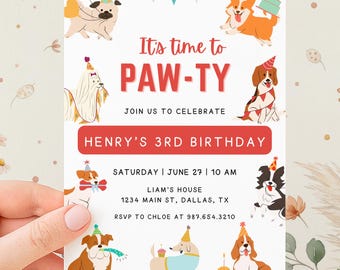 Dog Birthday Pawty Invitations | Editable Simple Bright and Cheerful Any Age Digital Birthday Invite