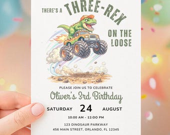Three-Rex Dinosaur Birthday Invitation | Jurassic Monster Truck Party Ideas | Editable Canva Template