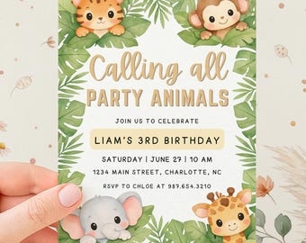 Calling All Party Animals Birthday Invitations | Editable Any Age Colorful Kids Birthday Invite