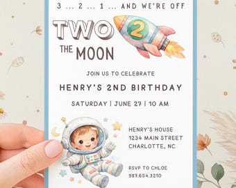 Two the Moon Birthday Party Invitations | Toddlers 2nd Birthday Boys Editable Canva Template