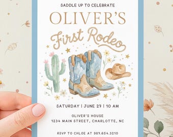 Blue Cowboy First Rodeo Birthday Invite | Editable Canva Invitation Template | 5x7 Printable Birthday Invite