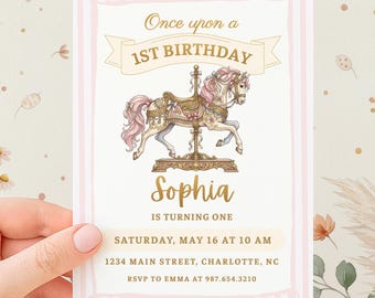 Carousel 1st Birthday Invitation | Pink Fairy Tale Any Age Canva Template (Digital Download)