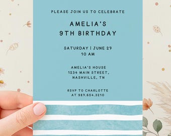 Editable Coastal Any Age Birthday Party Invitations | Boho Blue Stripes Canva Template