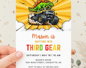 Monster Truck 3rd Birthday Party Invitations | Dinosaur Boy Third Gear Party Ideas | Editable Canva Template