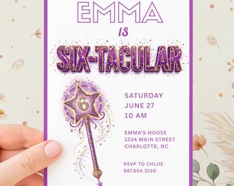 Girls Magical Sixth Birthday Party Invitations | Purple Sparkles 6th Bday Invite