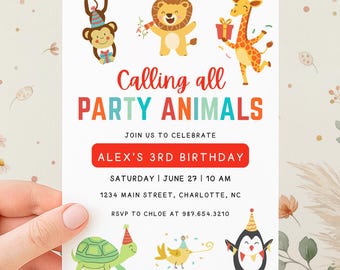 Calling All Party Animals Birthday Invitations | Editable Any Age Colorful Kids Birthday Invite