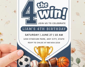 Sports 4th Birthday Party Invitations | Boys 4th Bday Party Ideas | Editable Canva Template