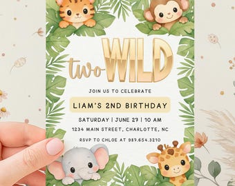 Two Wild Jungle Theme Birthday Party Invitations | Safari Animal Party Ideas | Editable Canva Template