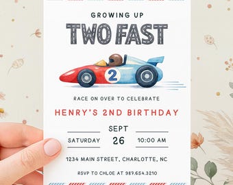 Two Fast 2nd Birthday Party Invitations | Boy Racing Bday Editable Canva Template