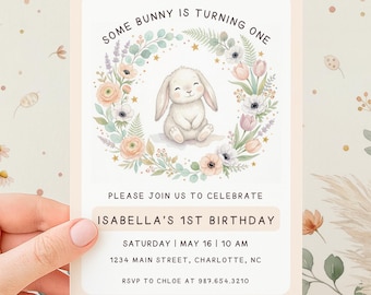 Some Bunny is Turning One | Floral Bunny Invite | Editable Canva Template