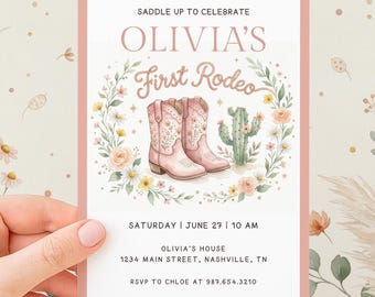 First Rodeo Birthday Invitation | Pink Cowgirl 1st Birthday Invite | Western Floral Cowboy Boots Cactus Party Template | Editable Canva