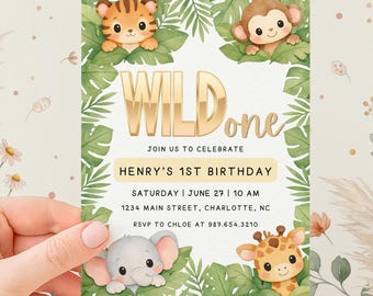Wild One First Birthday Party Invitation | Safari Jungle Theme | Editable Canva Template