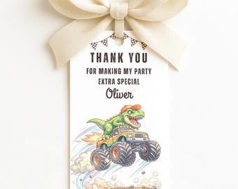 Dinosaur Monster Truck Birthday Favor Tags, Editable Party Tags, Printable Canva Template