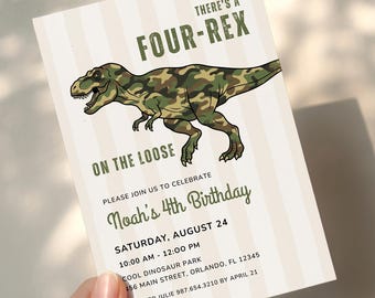 Four-Rex Dinosaur 4th Birthday Invitation | Jurassic T-Rex Dino Party Ideas | Editable Canva Template