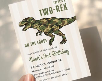 Two-Rex Dinosaur 2nd Birthday Invitation | Jurassic Dino Party Ideas | Editable Canva Template