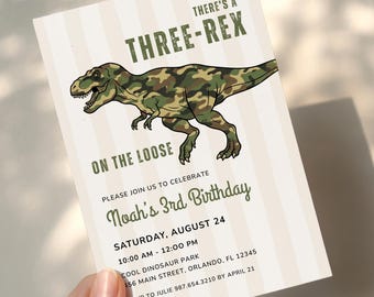 Three-Rex Dinosaur 3rd Birthday Invitation | Jurassic T-Rex Dino Party Ideas | Editable Canva Template