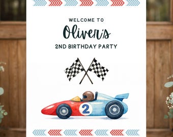 Racing Theme 2nd Birthday Welcome Sign | Editable Canva Template (Digital Download)