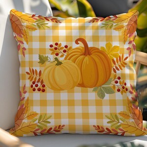 Gingham Pattern Farmhouse Fall Throw Pillows | Orange Pumpkin Thanksgiving Decor | Autumn Decorations For Home