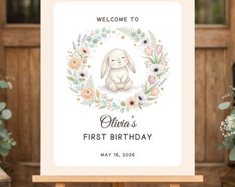 Floral Bunny Welcome Sign | Some Bunny Birthday Party | Editable Canva Template (Digital Download)